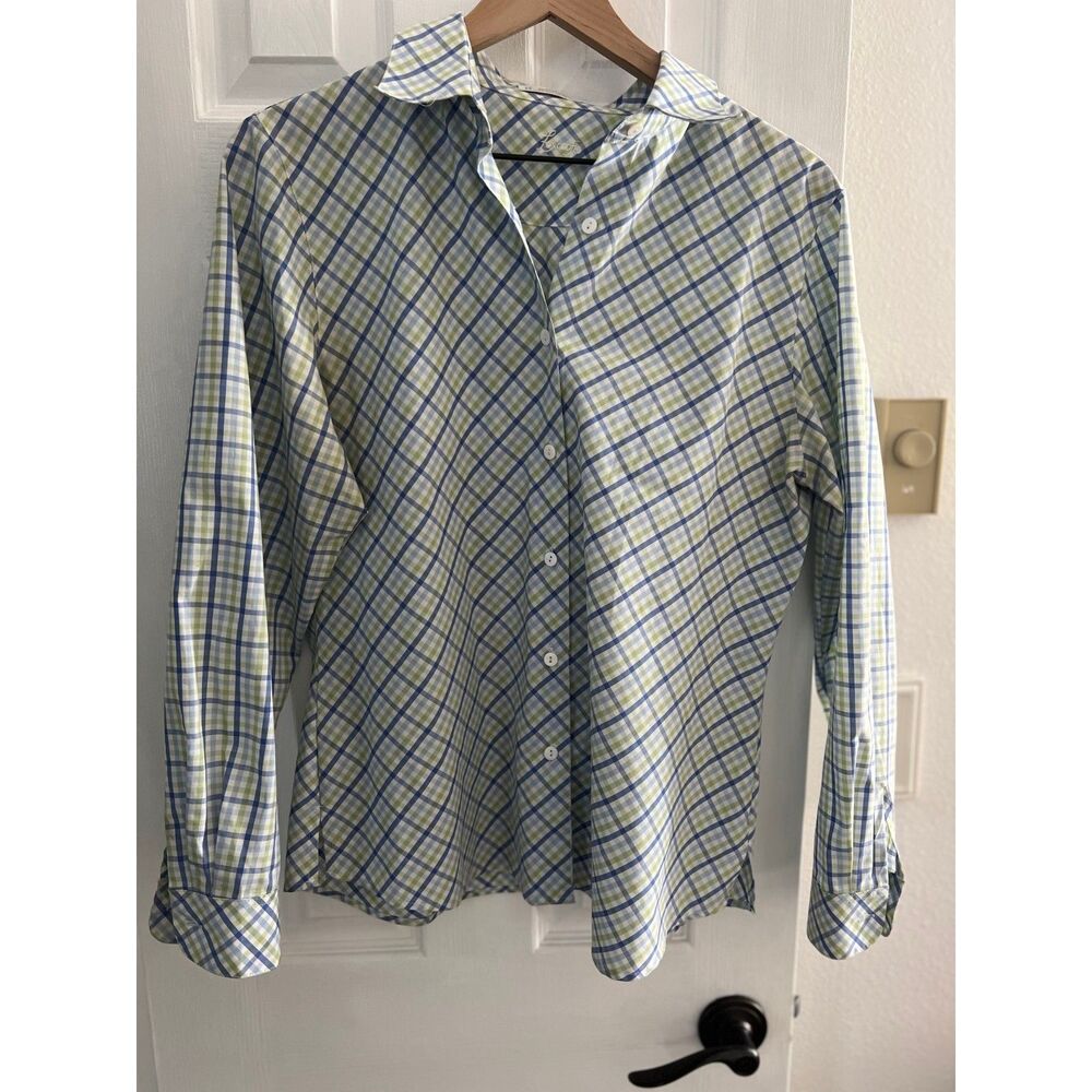 Foxcroft Wrinkle Free Plaid Bias Cut Button Down Shirt Size 10 Blue Green
